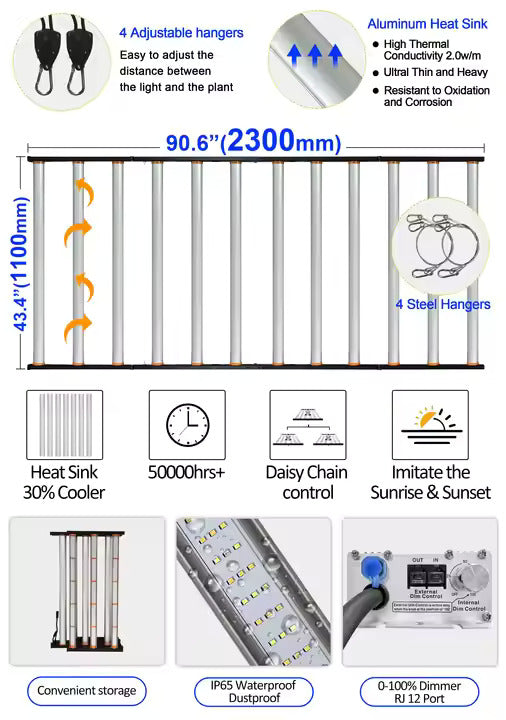 Red Farm 800W High Efficacy LED Grow Light 4x8FT 12Bars Clone Veg Light Aluminum Plant Light for Indoor Bloom High PPFD RedFarm