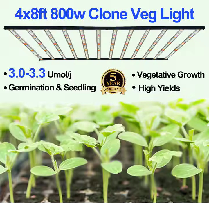 Red Farm 800W High Efficacy LED Grow Light 4x8FT 12Bars Clone Veg Light Aluminum Plant Light for Indoor Bloom High PPFD RedFarm